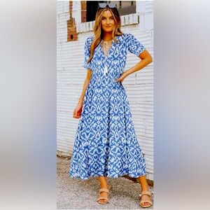 Blue Patterned Midi Dress